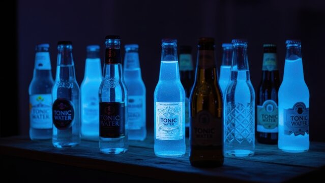Tonic water bottles glowing bright blue under UV blacklight.