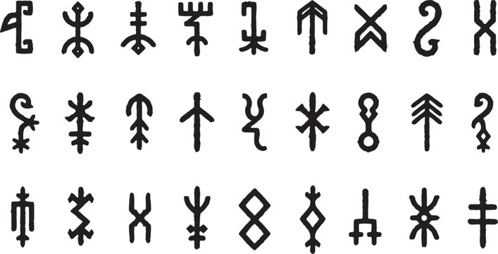 Collection of ancient runes or symbols with a rough hand drawn appearance alphabet historical mystical language symbolism primitive esoteric folklore calligraphy heritage