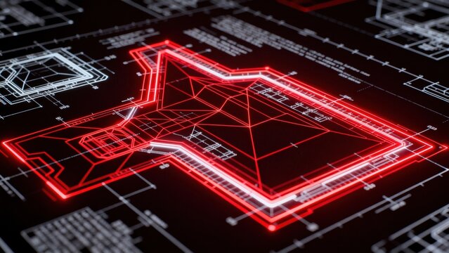 Digital blueprint with glowing red lines