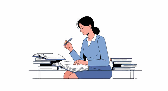 A woman in a blue outfit sits with an open book, pen in hand, surrounded by stacks of books