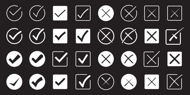 Check mark icon button set. Check box icon with right and wrong buttons and yes or no checkmark icons in green tick box and red cross. Isolated checkmark symbol, right and wrong sign concept. Icon.