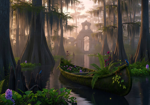 Mystical bayou scene with old wooden boat and eerie mansion in background at sunrise or sunset