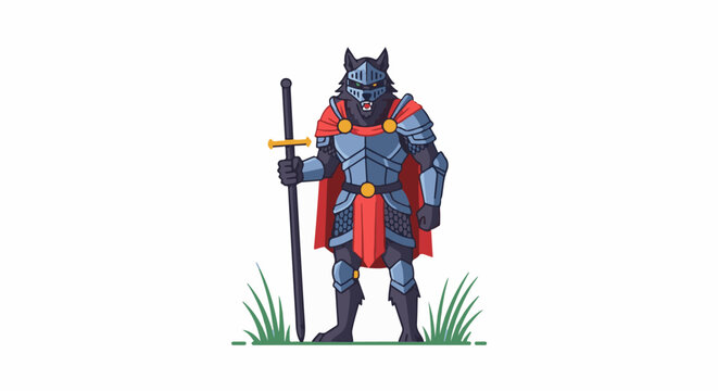A stylized wolf warrior in full armor, holding a golden-hilted sword, stands guard