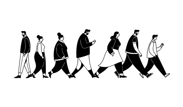 Diverse group of people walking in a line