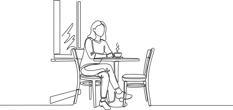 Continuous line drawing of woman sitting at cafe table with coffee, minimalist art