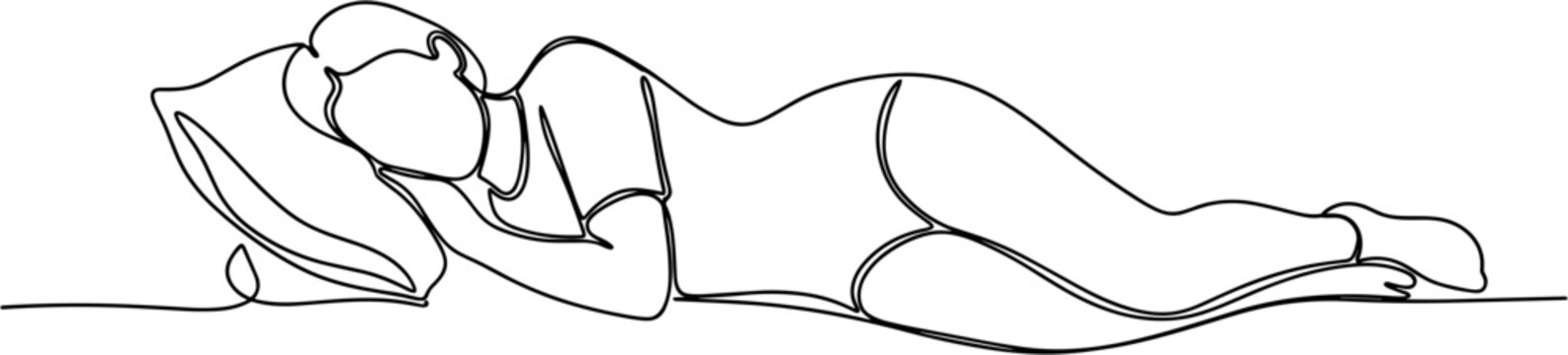 Continuous line drawing of a person sleeping on their side on a pillow