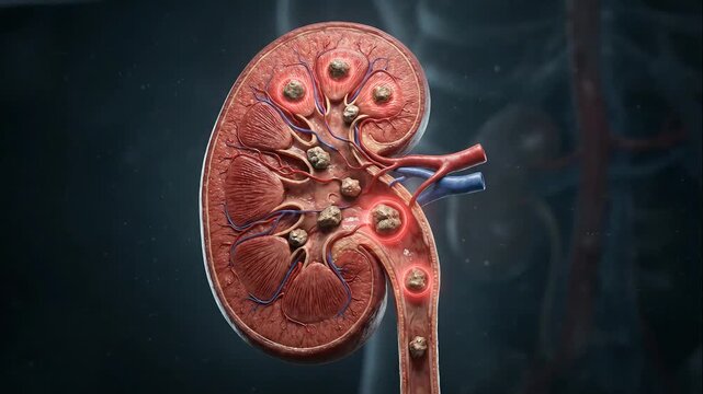 Kidney Stones Moving Through the Ureter in a Detailed Medical Animation of the Urinary System.