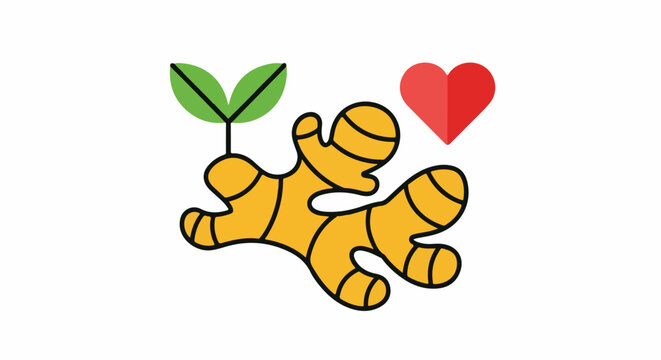 A stylized ginger root with green leaves and a red heart floats on a white background