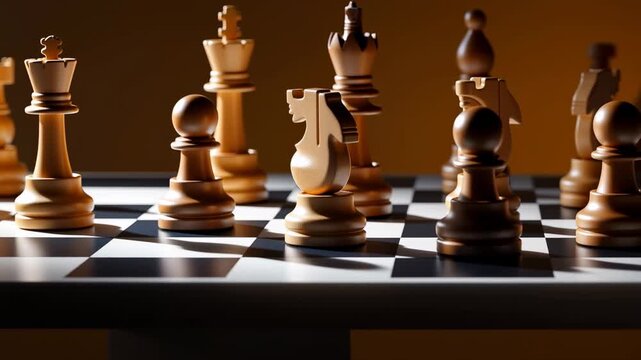 Closeup Of Wooden Chess Pieces With Intense Lighting Emphasizing Strategic And Contemplative Atmosphere
