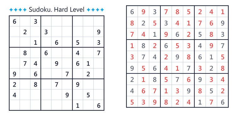 Sudoku grid with puzzle and solution in black and red colors  