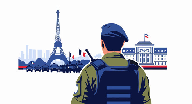 A soldier stands guard in Paris, overlooking the Eiffel Tower, a government building, and military vehicles