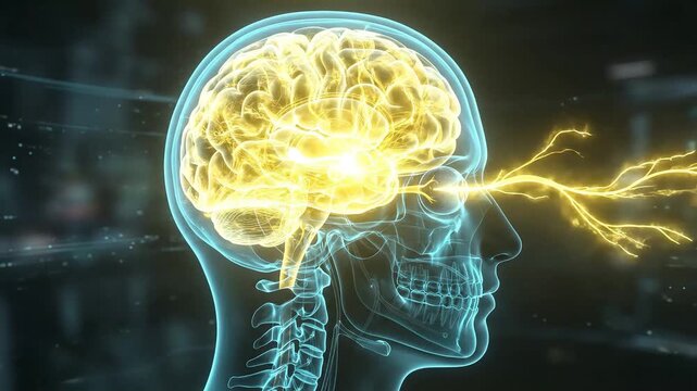 Futuristic Human Head Scan: Blue and Yellow Energy Flow Showing Brain and Eye Neural Activity with Data Overlay.