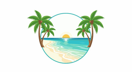 Fototapeta premium A tropical beach scene with palm trees, ocean waves, and a setting sun framed by a circle