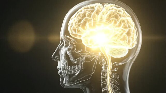 X-Ray Style Transparent Human Head with Glowing Brain, Eye, and Active Optic Nerve Pathways.