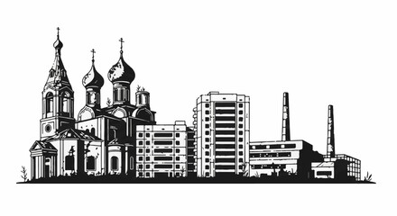Obraz premium A stark black and white illustration depicts a skyline. It features a historic church, modern apartment blocks, and an industrial factory