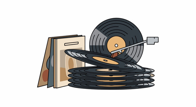 A stack of vintage vinyl records with sleeves and a tonearm positioned over one