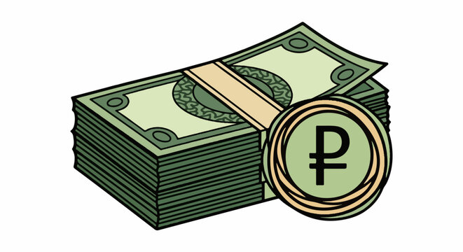A stack of light green banknotes secured by a tan band, with a coin featuring a currency symbol beside it
