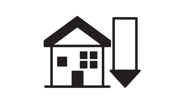 House icon with downward arrow indicating price decrease featuring real estate, property, market with value and drop elements for housing, home