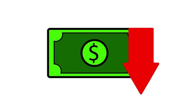 dollar banknotes and red arrow pointing down animation of the concept of the value of the dollar falling