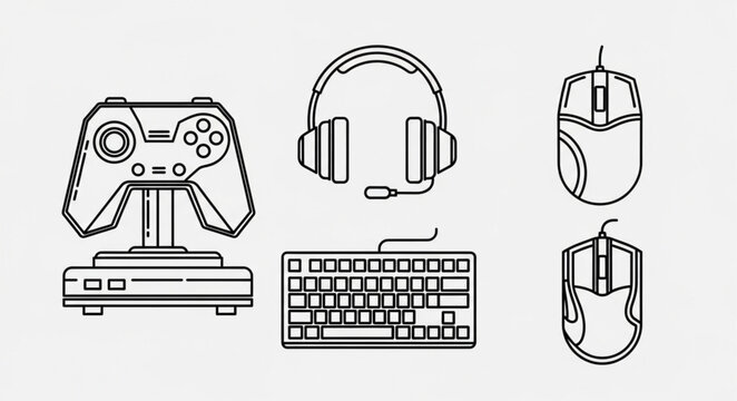 Gaming accessories collection line art illustration.
