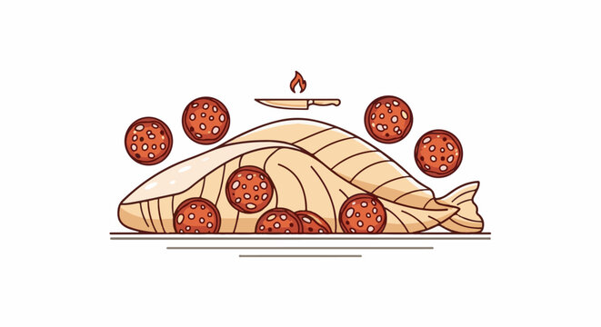 A stylized, cartoonish depiction of sliced salami circles scattered around a large, curved food item