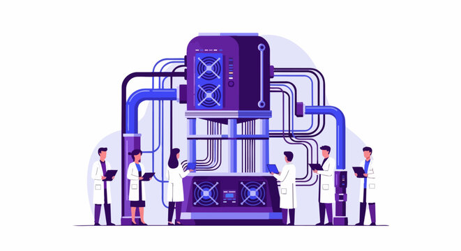 Scientists and Engineers Working on a Quantum Supercomputer in a High-Tech Data Center Laboratory Vector Illustration