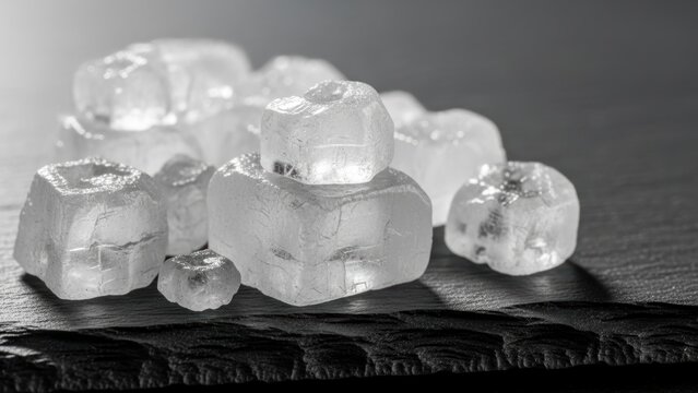 Close-up of translucent rock sugar or salt crystals in black and white.