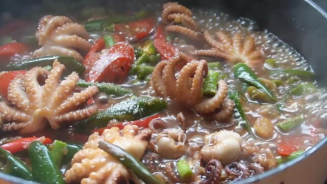 Close-up of spicy stir-fried baby octopus with red and green chili peppers cooking in a hot pan, authentic Asian seafood dish