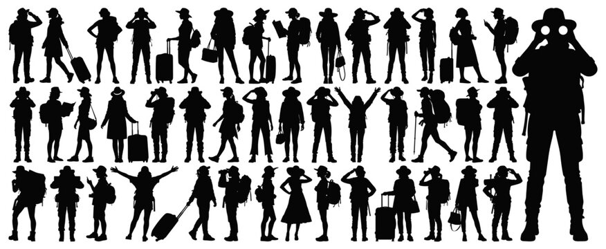 Women Traveler Silhouette Set Vector Collection with Backpackers Tourists and Hiking Female Figures