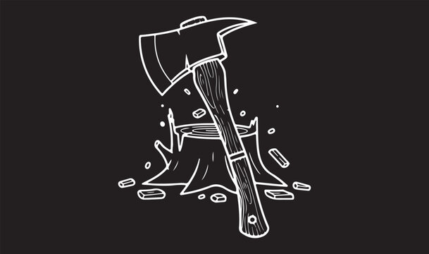 A clean white, hand-drawn vector illustration of a traditional firefighter or lumberjack axe stuck into a wooden tree stump with flying wood chips, isolated on a solid black background.