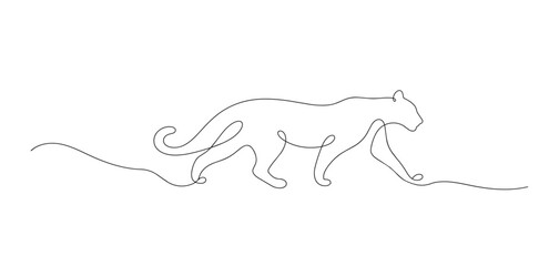 One line drawing of jaguar standing proudly. Continuous line of elegant wild animal form. Jungle wildlife concept. Modern minimalist style. single line art vector illustration. © bakul garis