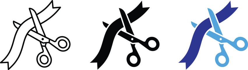 Ceremonial opening scissors cutting ribbon vector icons illustration set flat silhouette © AYESHA