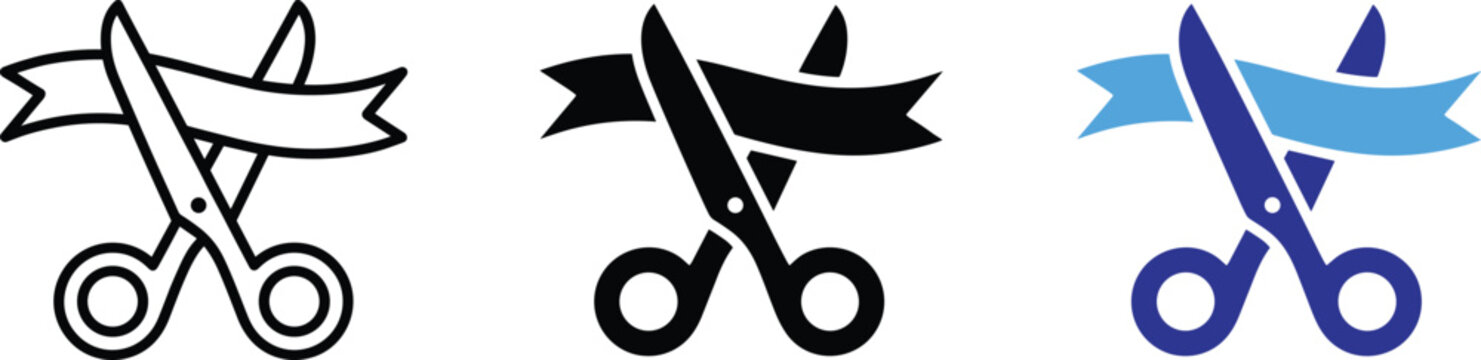 Grand opening ribbon cutting scissors vector icons illustration bundle simple line art