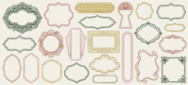 Doodle hand drawn frame set, colorful border collection. Minimal hand drawn square arch and rectangle shapes kit. Elegant retro empty banner, poster, placard, postal stamp. Doodle frame decor.
