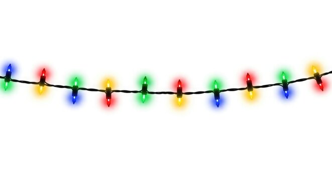Colorful christmas string lights on a white background