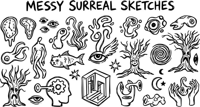 Abstract Surreal Art: Black and White Hand-drawn Line Art Collection of Messy Sketches, Dream Symbols, and Fantasy Elements for Creative Design.
