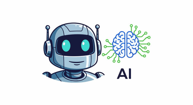 A stylized robot head with glowing turquoise eyes next to a digital brain icon and the text "AI