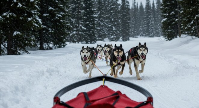 Dog sled team racing snow.