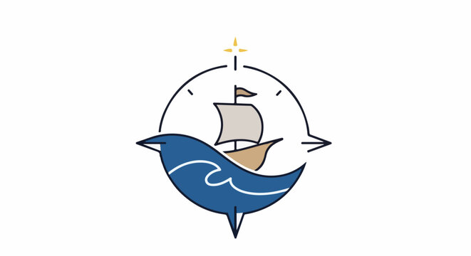 A stylized compass features a ship sailing on waves, beneath a guiding star, symbolizing direction