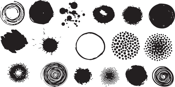 A collection of black, hand-drawn vector elements featuring spiral swirls, round halftone dotted patterns, organic paint blots, and rugged grunge ink splatters isolated on a white background.