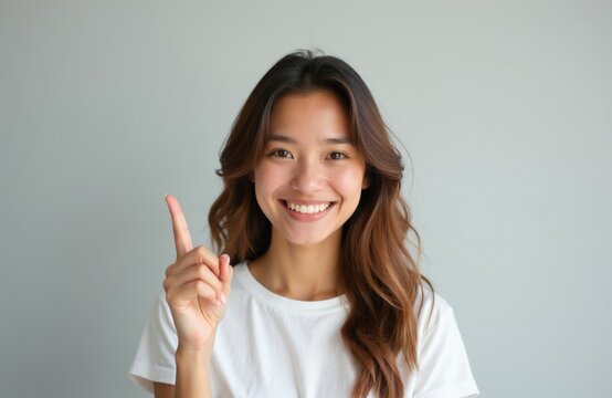 Young woman points index finger up. She smiles, conveying an idea or important information. Her gesture suggests focus and a clear message. She looks friendly and confident.