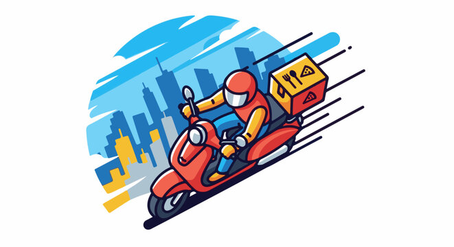 A stylized cartoon depicts a speedy delivery person on a scooter, carrying food in a box, against a city skyline