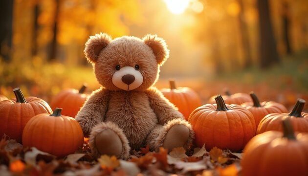 Fluffy teddy bear sits among pumpkins on autumn forest floor. Golden hour sunlight filters through colorful fall leaves. A scene of childhood nostalgia and seasonal joy.