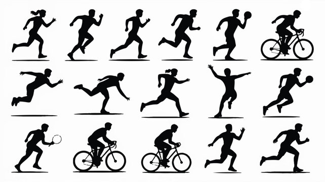 Vector illustration of various running and cycling activities with black and whi
