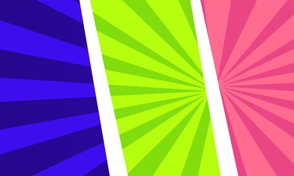 Vibrant comic book style background with radial lines in three distinct color sections.