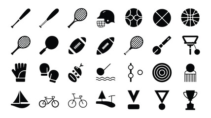 Vector illustration of various sports equipment and icons with sports gear