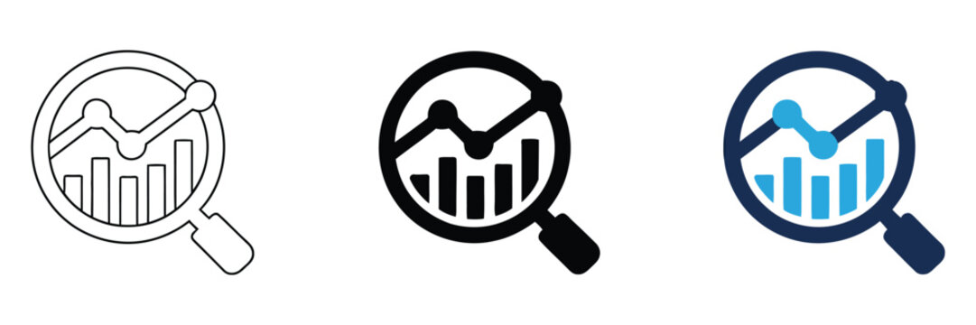 Analytics icon featuring magnifying glass and data chart symbol for monitoring insights and visualization, vector