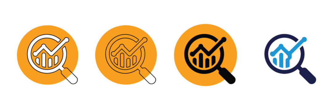 Analytics icon with magnifying glass and line chart for business reporting and performance metrics, vector