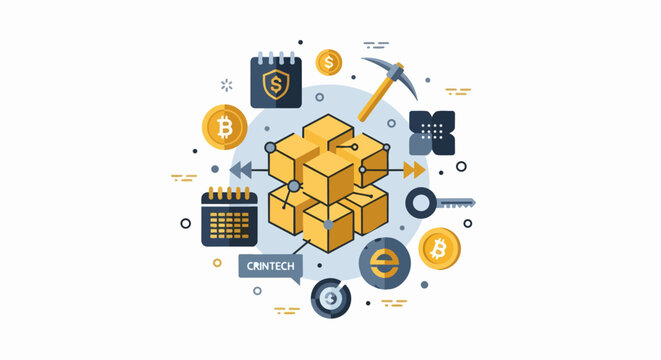Blockchain Technology and Cryptocurrency Ecosystem Concept Illustration with Bitcoin Mining and Security Icons