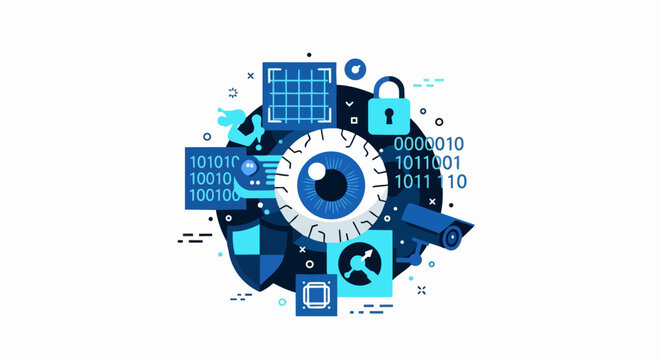 Cyber Security and Digital Surveillance Concept Illustration with Eye, Lock, and Binary Code